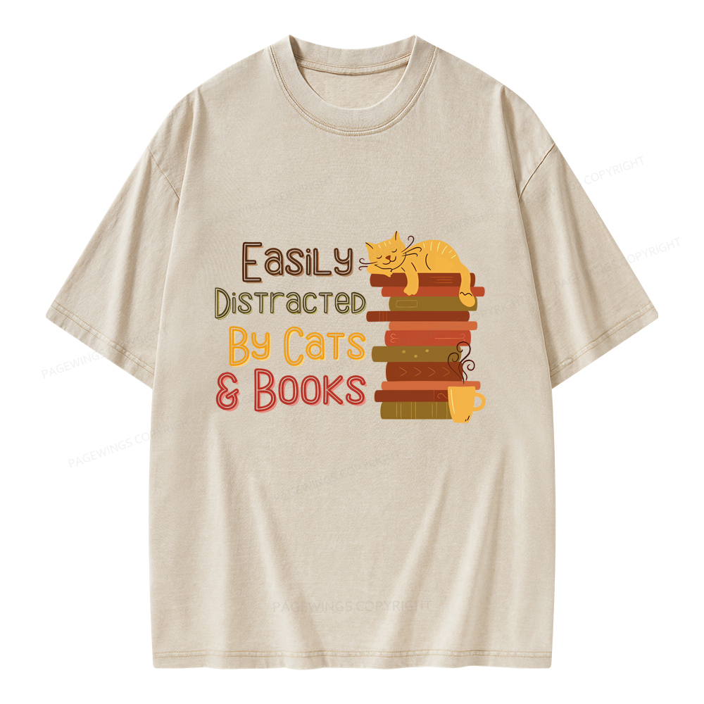 Pagewings Easily Distracted By Cats and Books Unisex Washed T-shirt