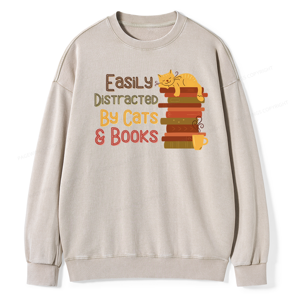 Pagewings Easily Distracted By Cats and Books Unisex Washed Sweatshirt