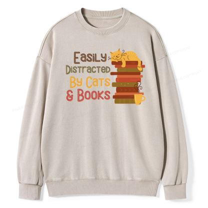 Pagewings Easily Distracted By Cats and Books Unisex Washed Sweatshirt