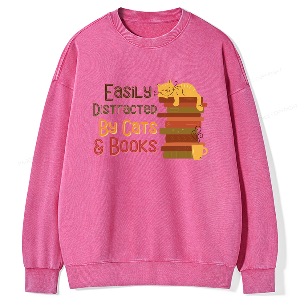 Pagewings Easily Distracted By Cats and Books Unisex Washed Sweatshirt