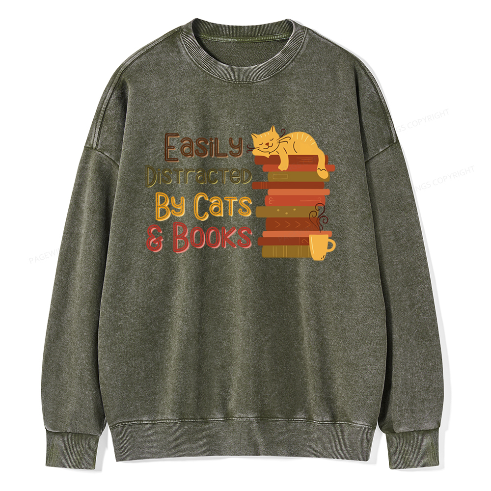 Pagewings Easily Distracted By Cats and Books Unisex Washed Sweatshirt