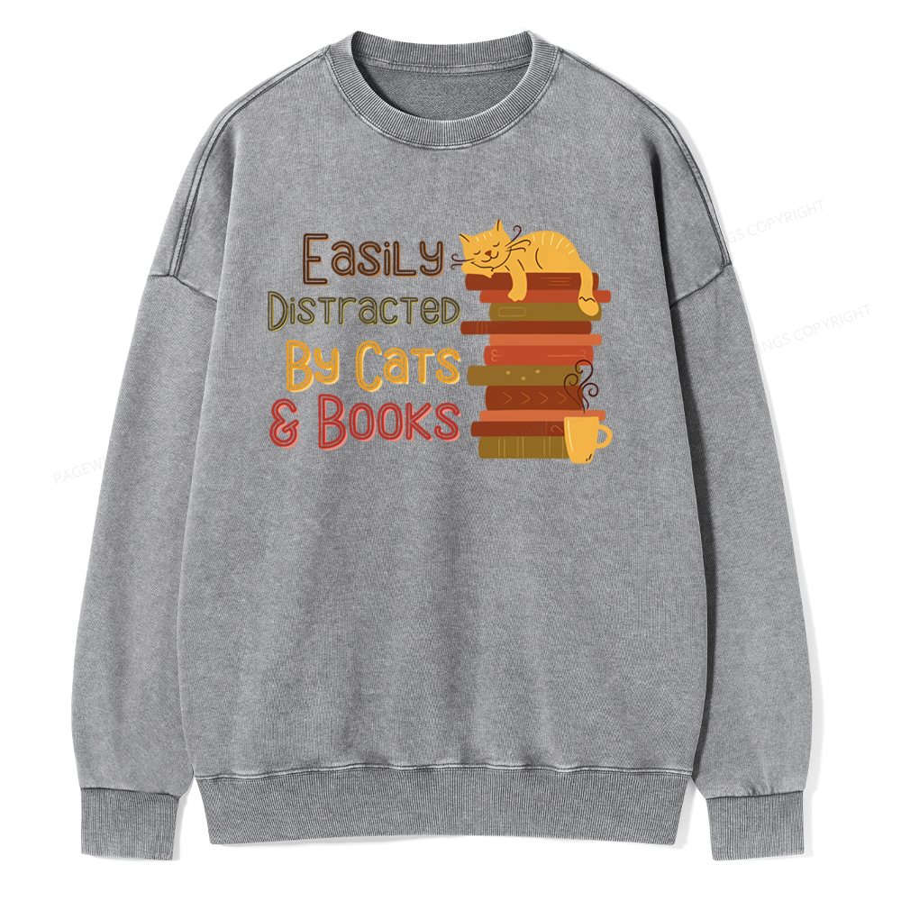 Pagewings Easily Distracted By Cats and Books Unisex Washed Sweatshirt