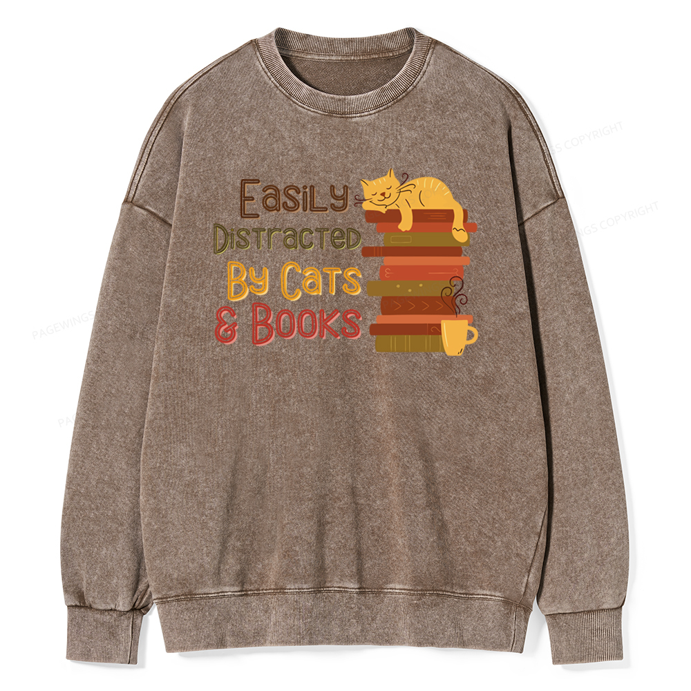 Pagewings Easily Distracted By Cats and Books Unisex Washed Sweatshirt
