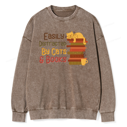 Pagewings Easily Distracted By Cats and Books Unisex Washed Sweatshirt