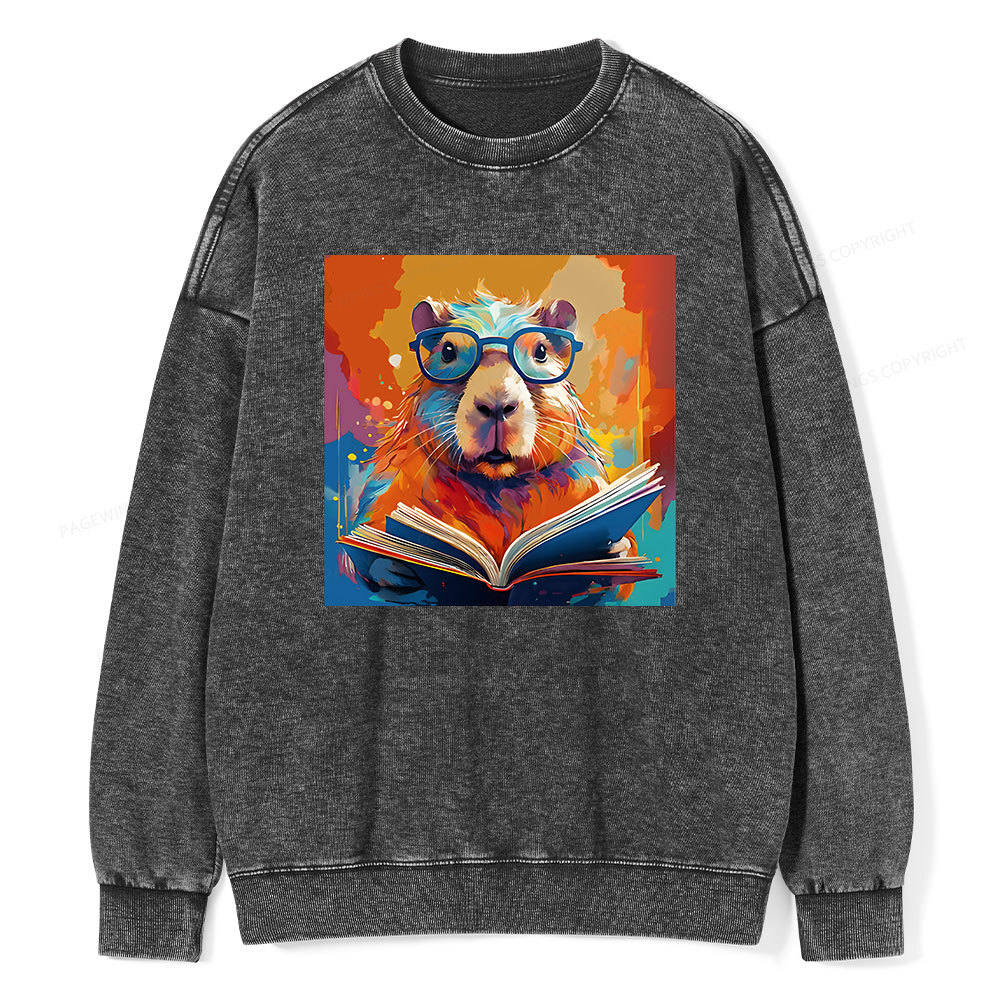 Pagewings Reading Capybar Unisex Washed Sweatshirt
