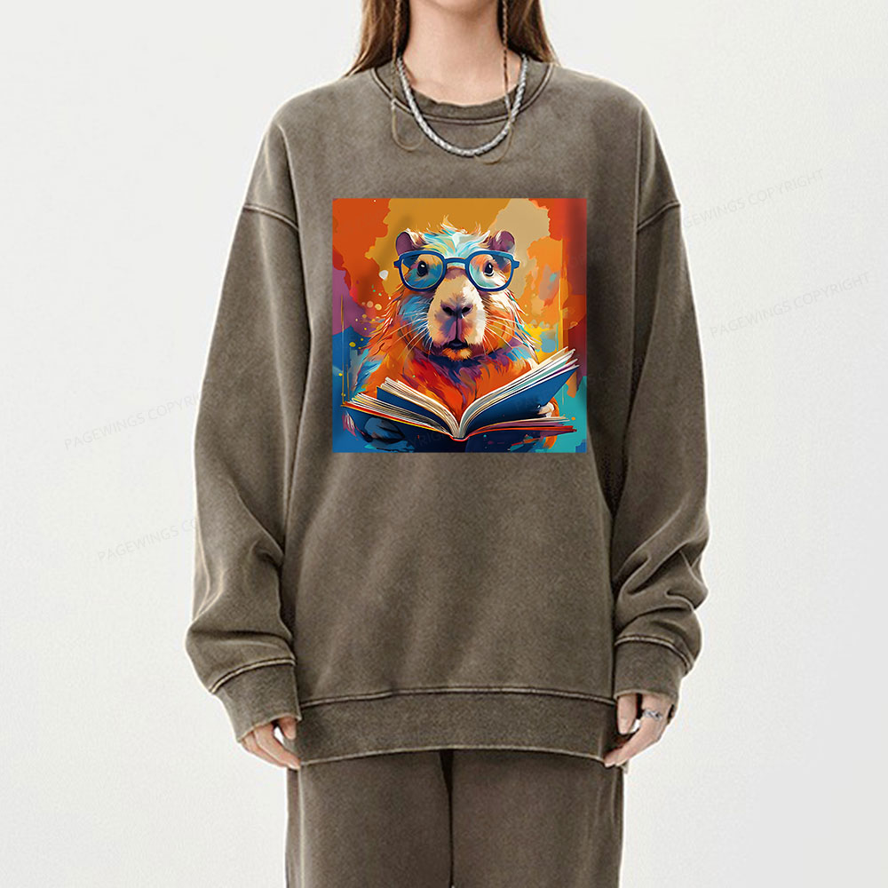 Pagewings Reading Capybar Unisex Washed Sweatshirt