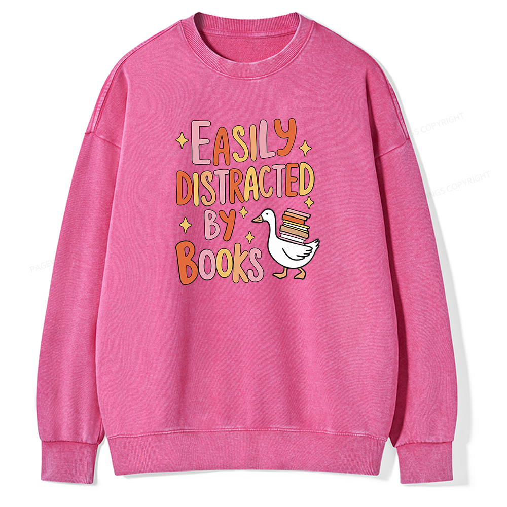 Pagewings Funny Sweatshirt, Easily Distracted By Books Gifts Unisex Washed Sweatshirt