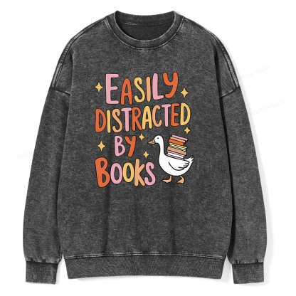 Pagewings Funny Sweatshirt, Easily Distracted By Books Gifts Unisex Washed Sweatshirt