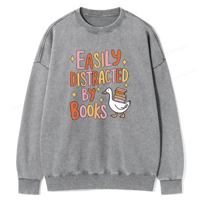 Pagewings Funny Sweatshirt, Easily Distracted By Books Gifts Unisex Washed Sweatshirt