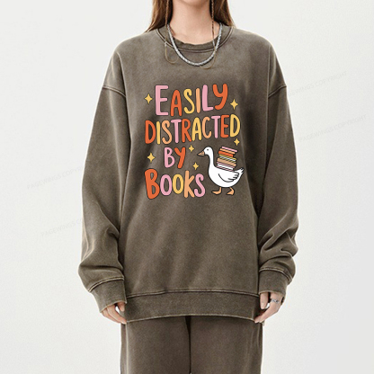 Pagewings Funny Sweatshirt, Easily Distracted By Books Gifts Unisex Washed Sweatshirt