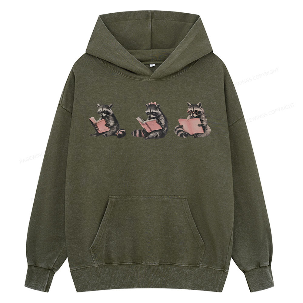 Pagewings Funny Raccoon Bookish Gift Unisex Washed Hoodie