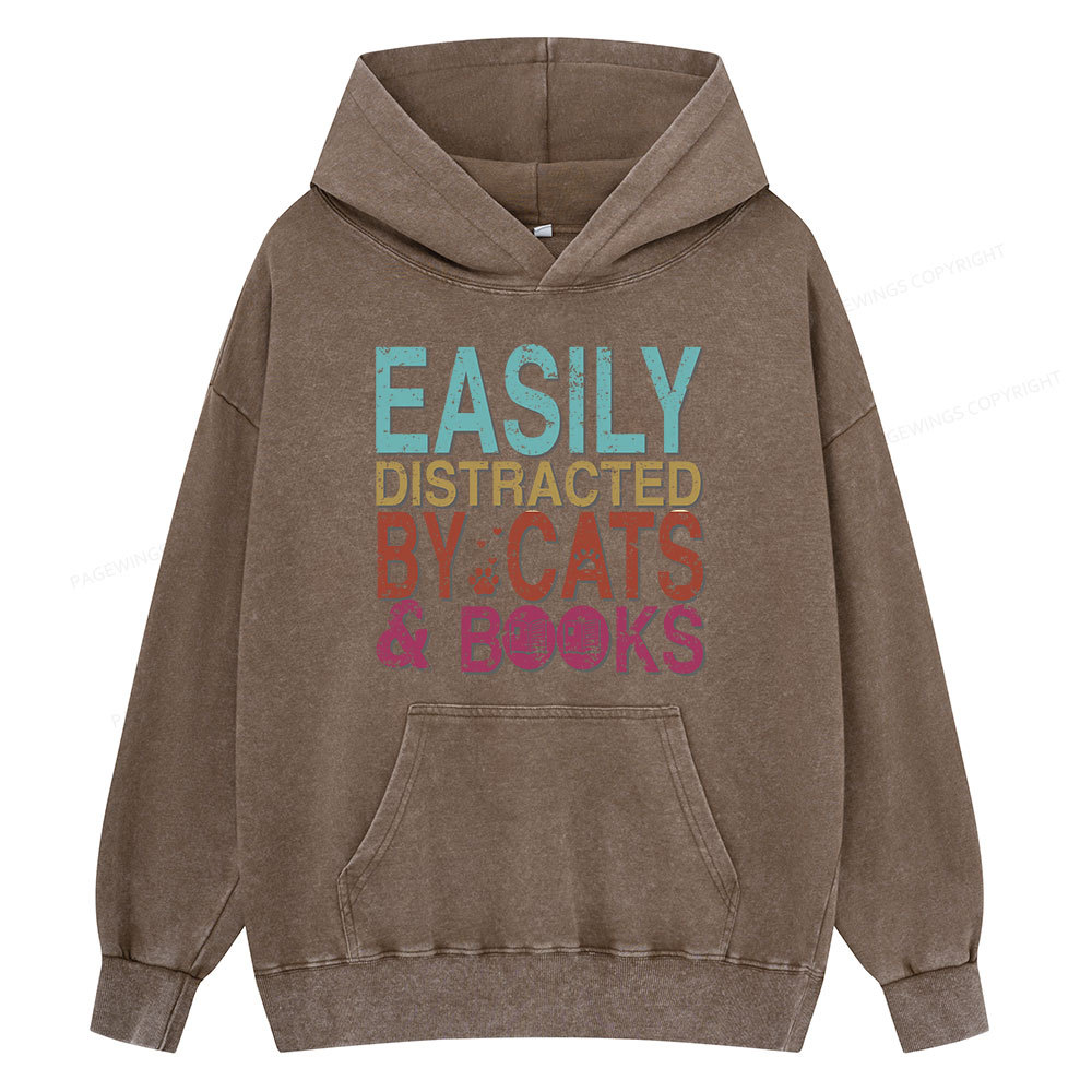 Pagewings Easily Distracted By Cats And Books Unisex Washed Hoodie