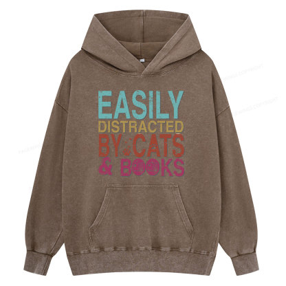 Pagewings Easily Distracted By Cats And Books Unisex Washed Hoodie