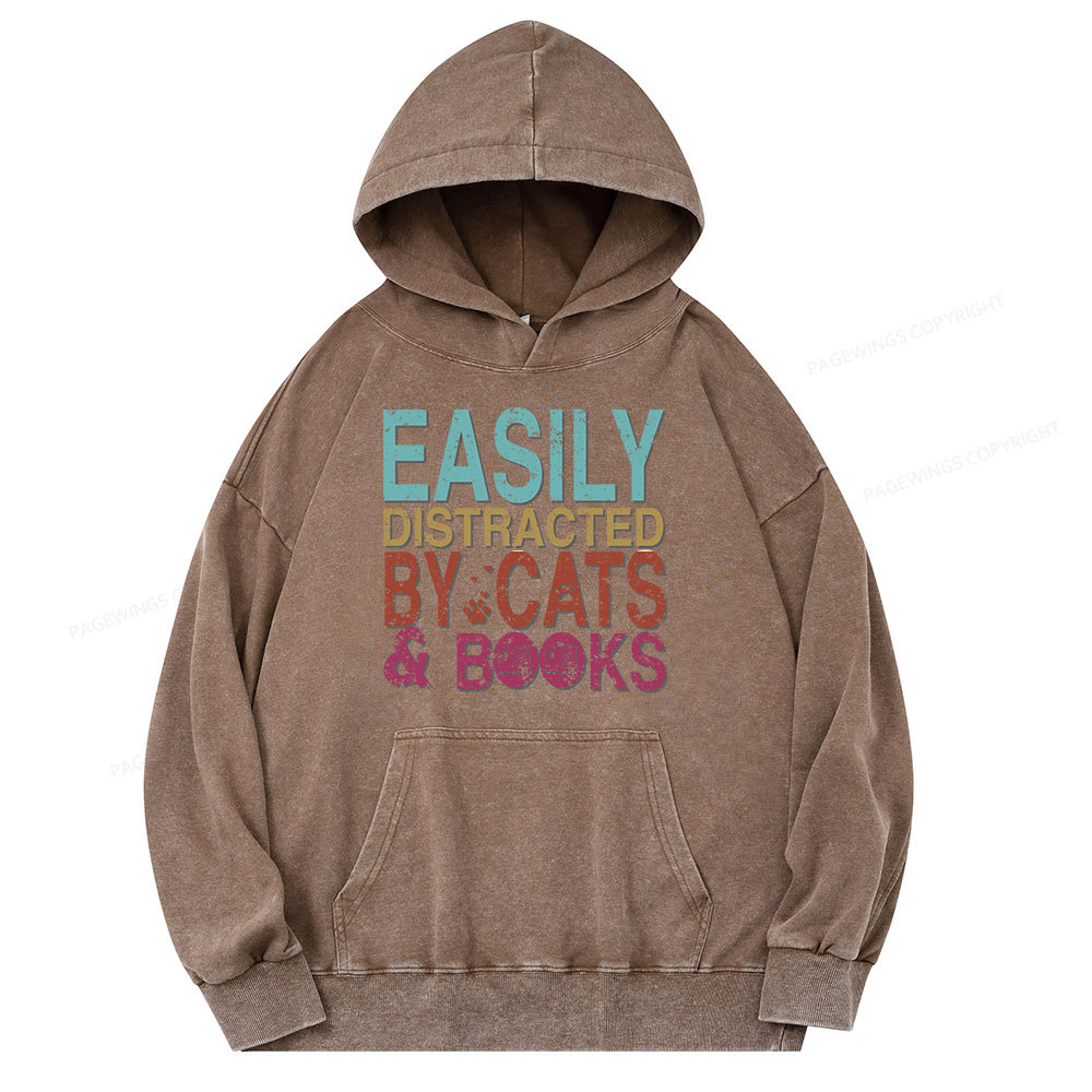 Pagewings Easily Distracted By Cats And Books Unisex Washed Hoodie