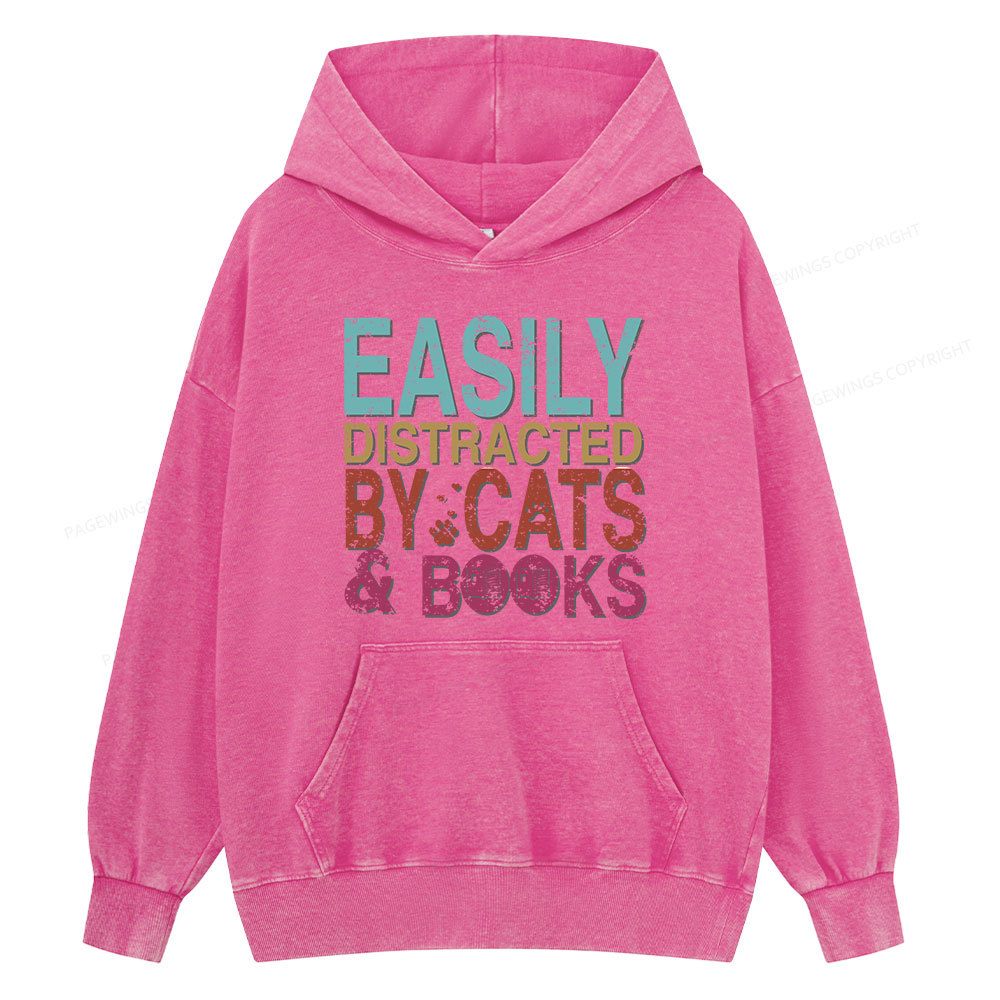 Pagewings Easily Distracted By Cats And Books Unisex Washed Hoodie