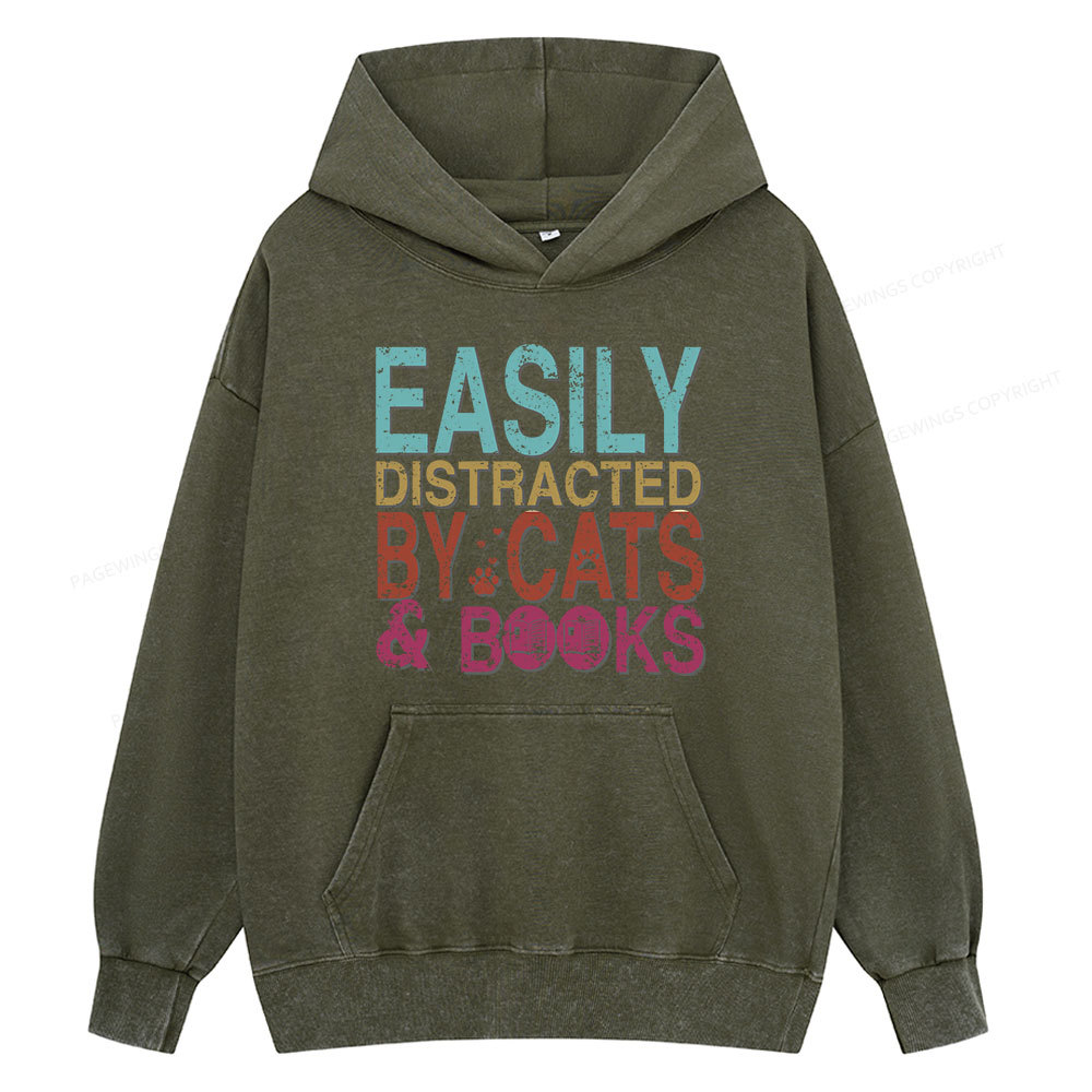 Pagewings Easily Distracted By Cats And Books Unisex Washed Hoodie