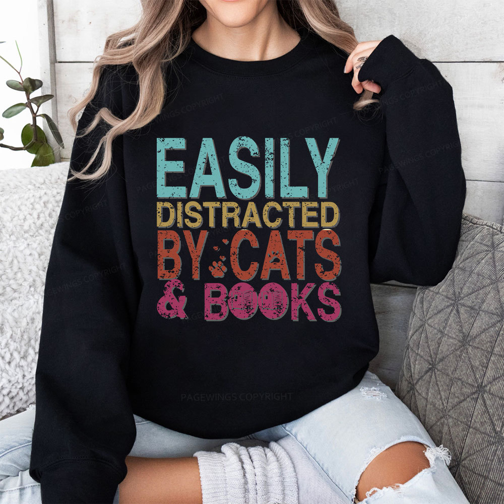 Pagewings Easily Distracted By Cats And Books Unisex Classic Sweatshirt