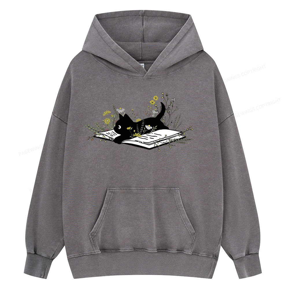 Pagewings Cute Book Cat Unisex Washed Hoodie