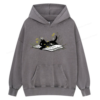 Pagewings Cute Book Cat Unisex Washed Hoodie