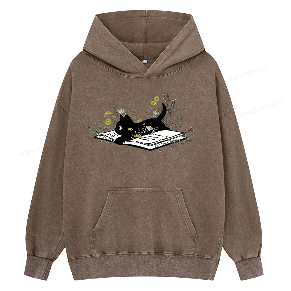 Pagewings Cute Book Cat Unisex Washed Hoodie