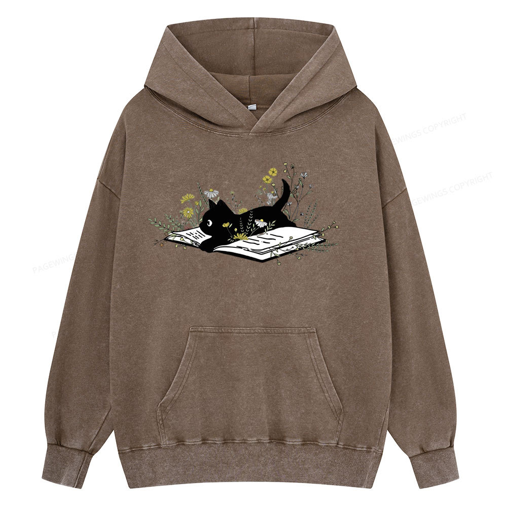 Pagewings Cute Book Cat Unisex Washed Hoodie