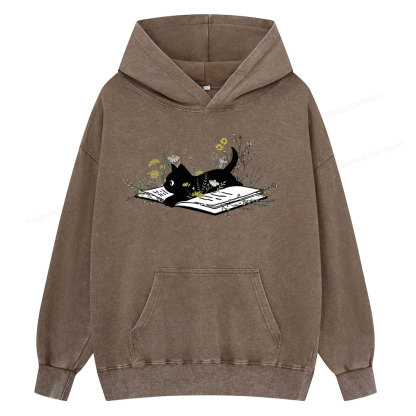 Pagewings Cute Book Cat Unisex Washed Hoodie