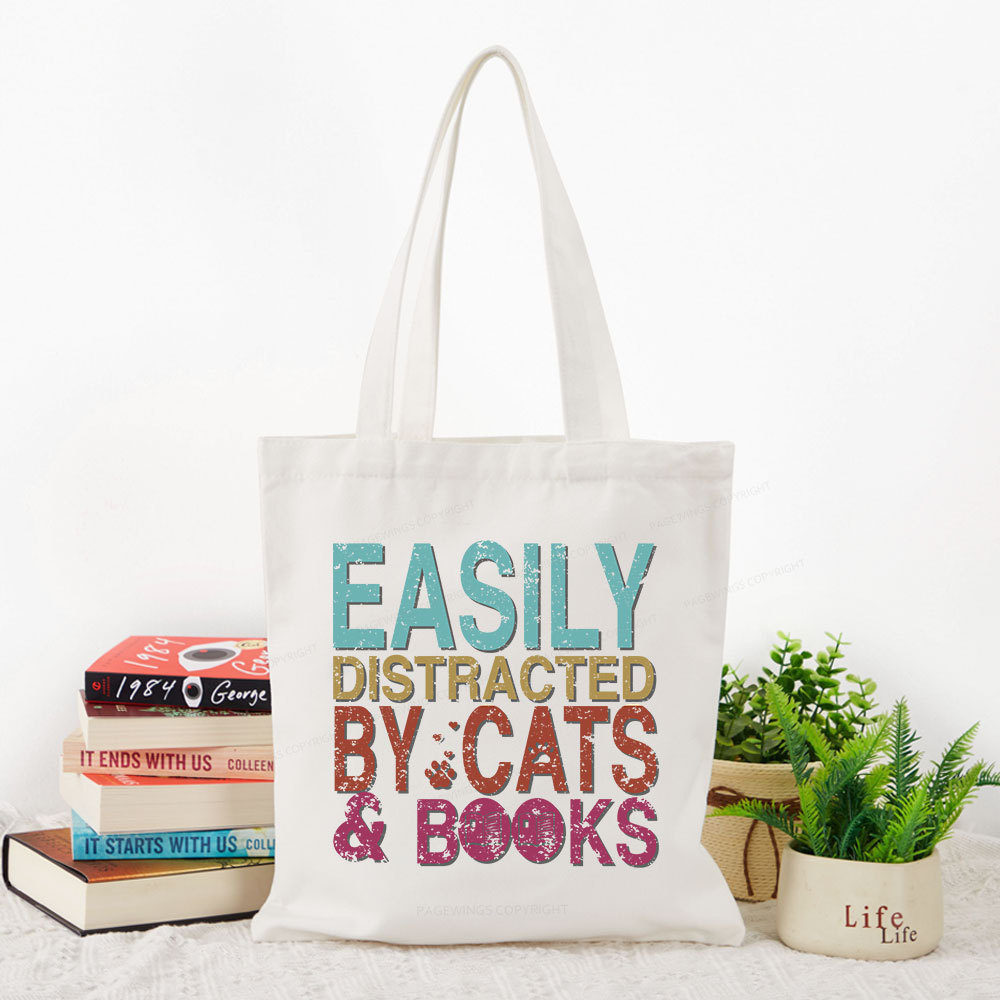 Pagewings Easily Distracted By Cats And Books Tote Bag