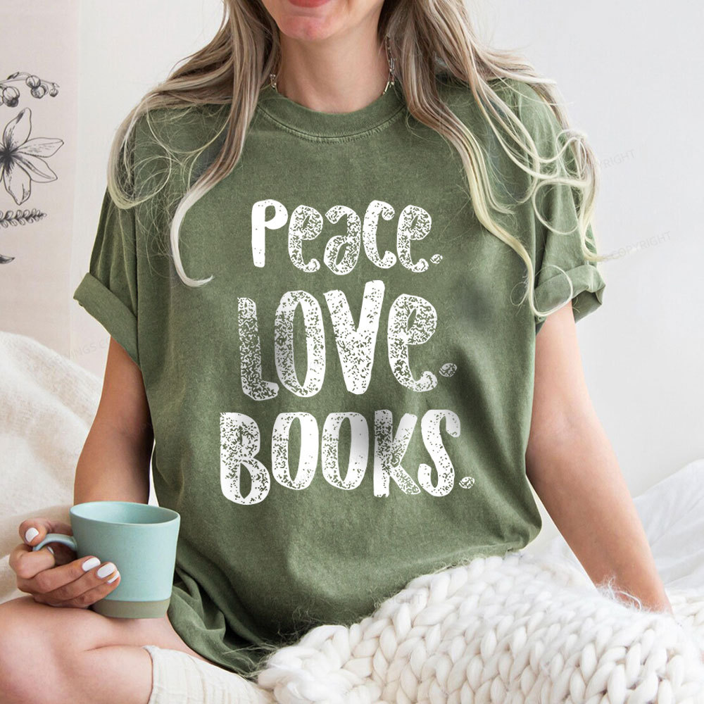 Pagewings Peace Love Books Unisex Washed T-shirt