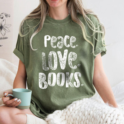 Pagewings Peace Love Books Unisex Washed T-shirt
