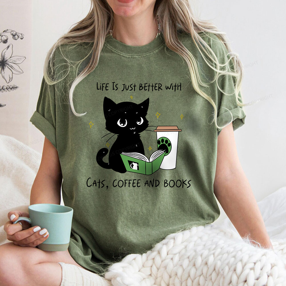 Pagewings Cats，Coffee And Books Unisex Washed T-shirt