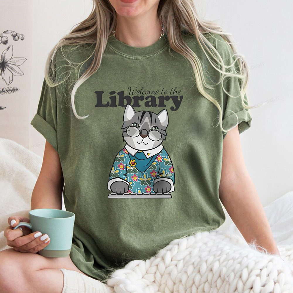 Pagewings Welcome to the Library Cat Unisex Washed T-shirt