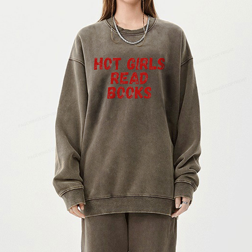 Pagewings Hot Girls Read Books Unisex Washed Sweatshirt
