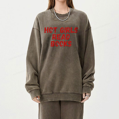 Pagewings Hot Girls Read Books Unisex Washed Sweatshirt
