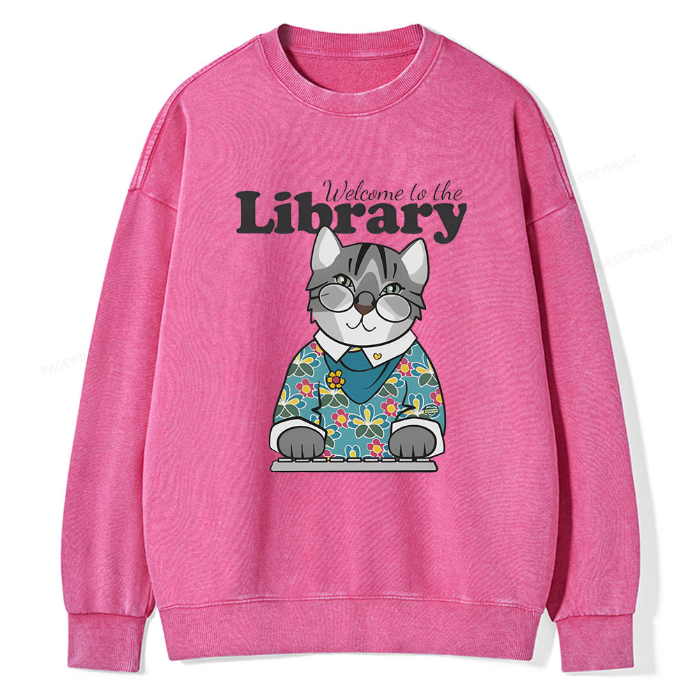 Pagewings Welcome to the Library Cat Unisex Washed Sweatshirt
