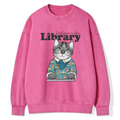 Pagewings Welcome to the Library Cat Unisex Washed Sweatshirt