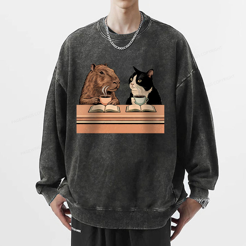 Pagewings Capybara and Tuxedo Cat Chilling with Coffee Unisex Washed Sweatshirt
