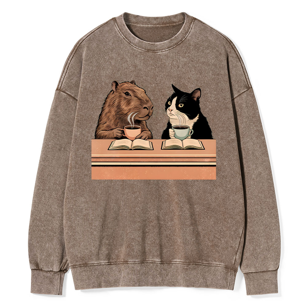 Pagewings Capybara and Tuxedo Cat Chilling with Coffee Unisex Washed Sweatshirt