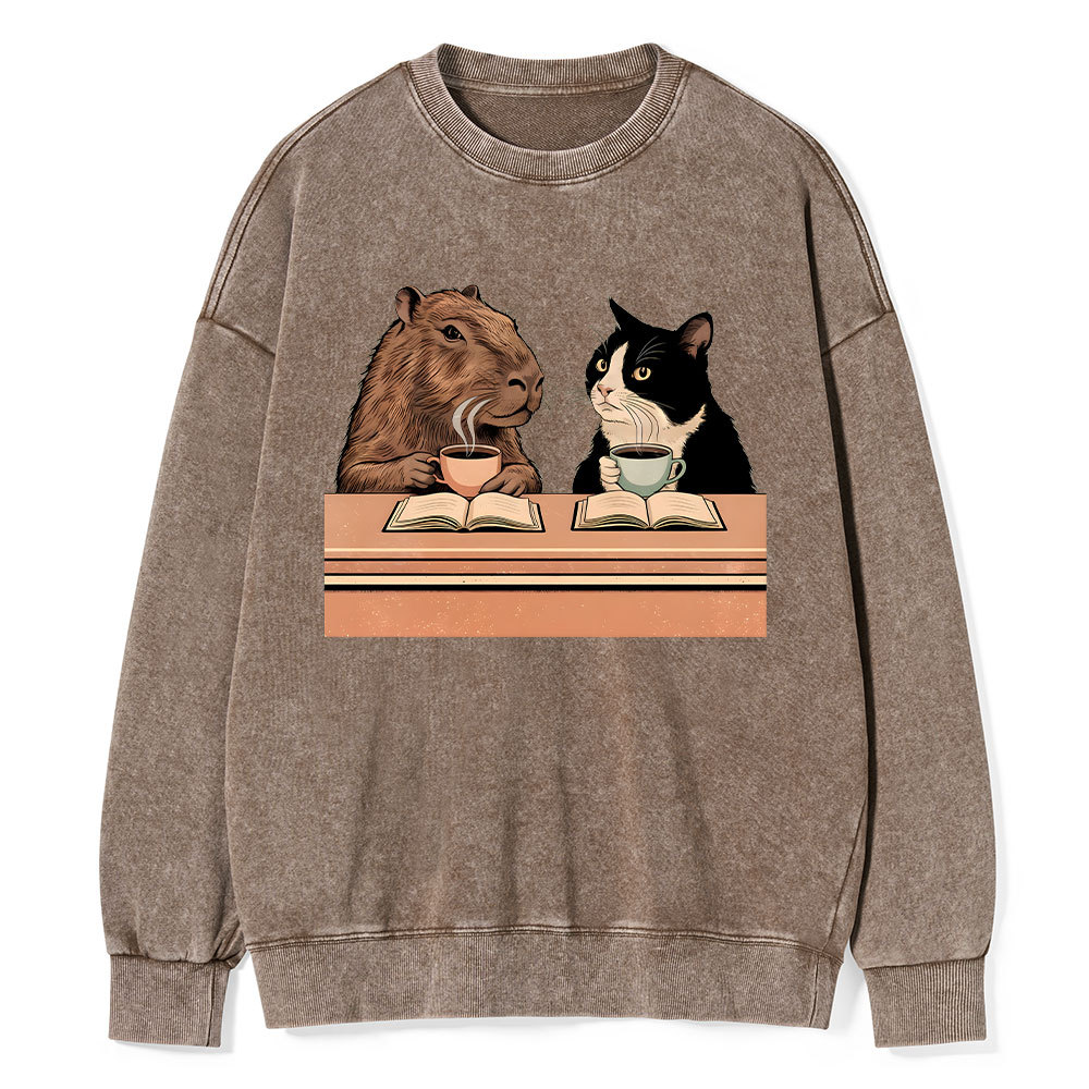 Pagewings Capybara and Tuxedo Cat Chilling with Coffee Unisex Washed Sweatshirt