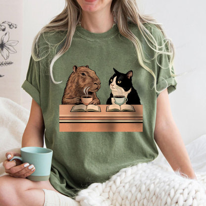 Pagewings Capybara and Tuxedo Cat Chilling with Coffee Unisex Washed T-shirt