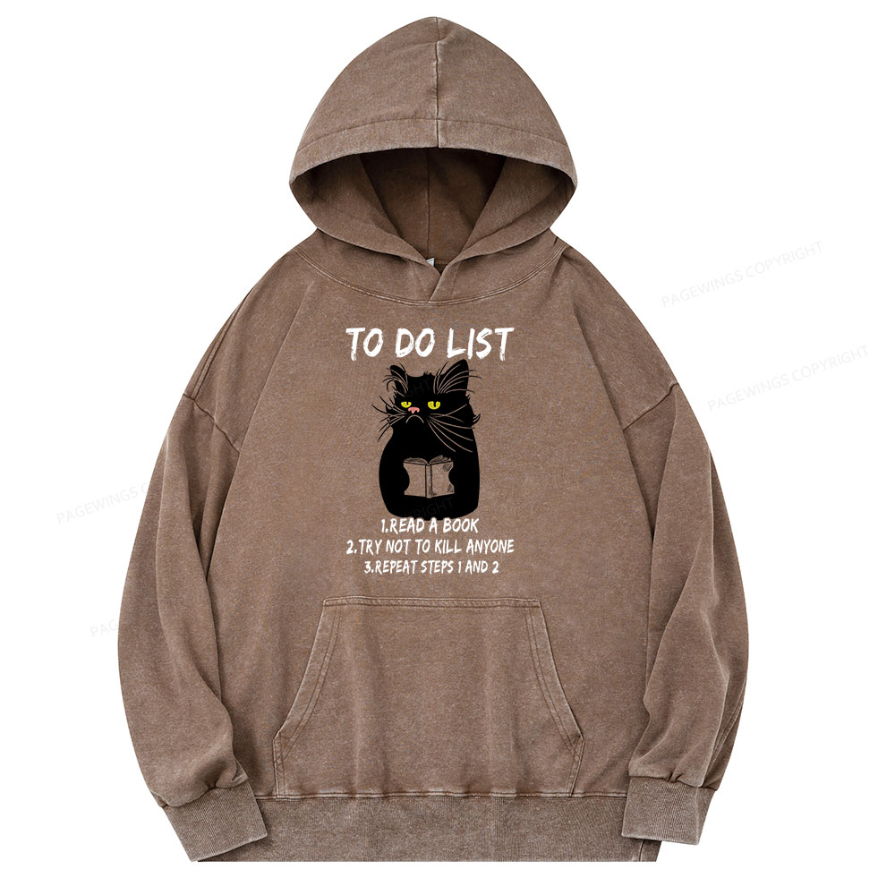 Pagewings Black Cat To Do List Unisex Washed Hoodie