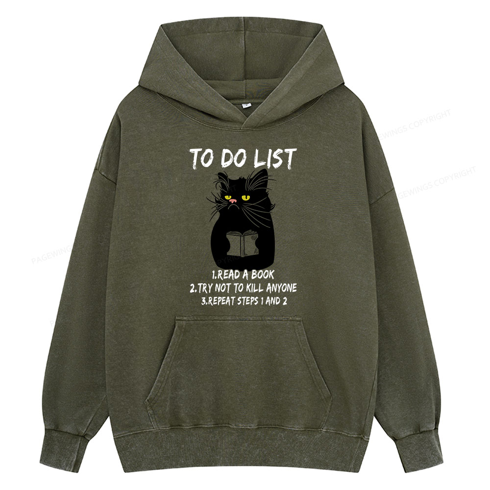 Pagewings Black Cat To Do List Unisex Washed Hoodie