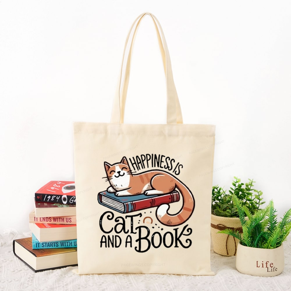 Pagewings Happiness Is A Cat And A Book Unisex Tote Bag