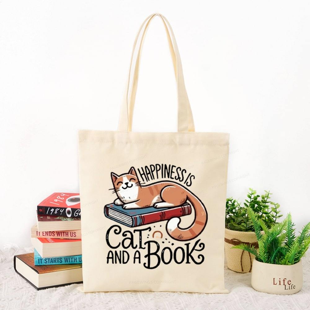 Pagewings Happiness Is A Cat And A Book Unisex Tote Bag