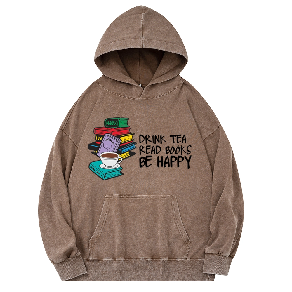 Pagewings Drink Tea Read Books Be Happy Unisex Washed Hoodie