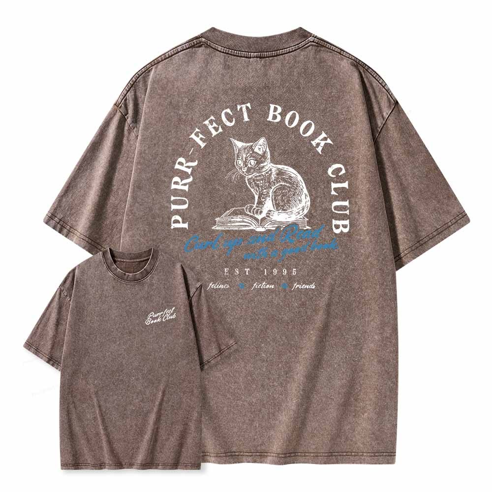 Pagewings  Book Club T-shirt For Cat Lovers Unisex Washed T-shirt