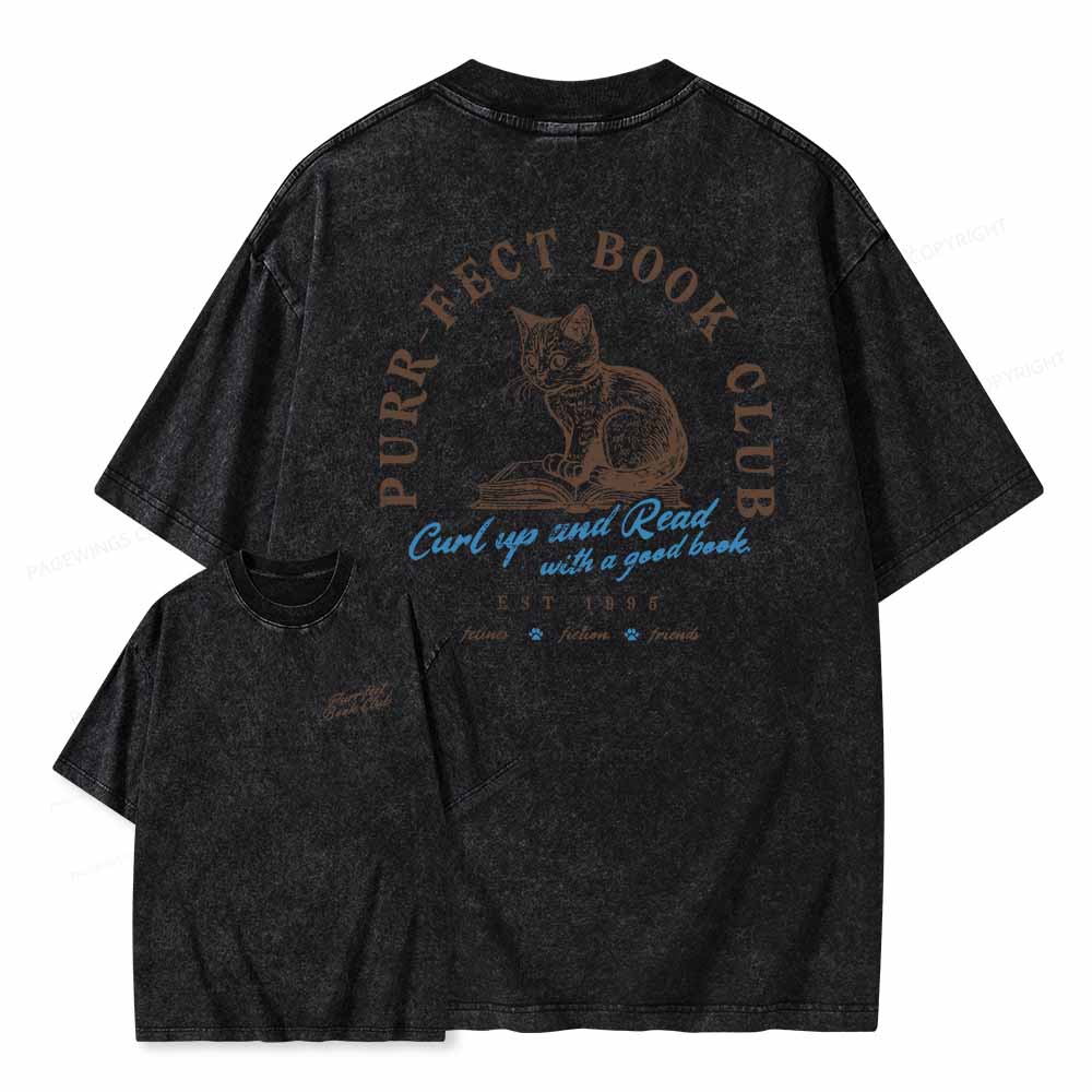 Pagewings  Book Club T-shirt For Cat Lovers Unisex Washed T-shirt