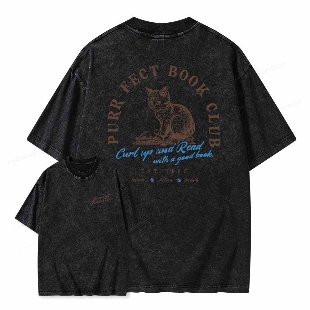 Pagewings  Book Club T-shirt For Cat Lovers Unisex Washed T-shirt
