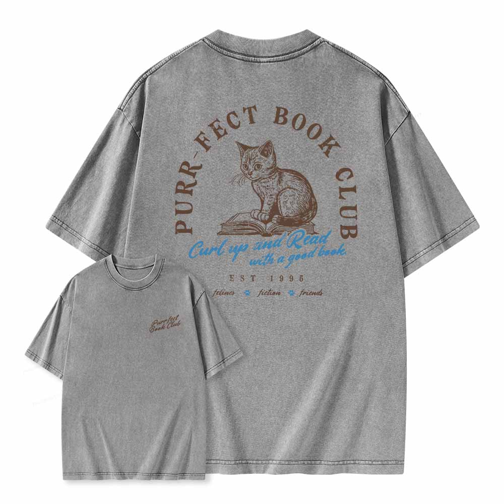 Pagewings  Book Club T-shirt For Cat Lovers Unisex Washed T-shirt
