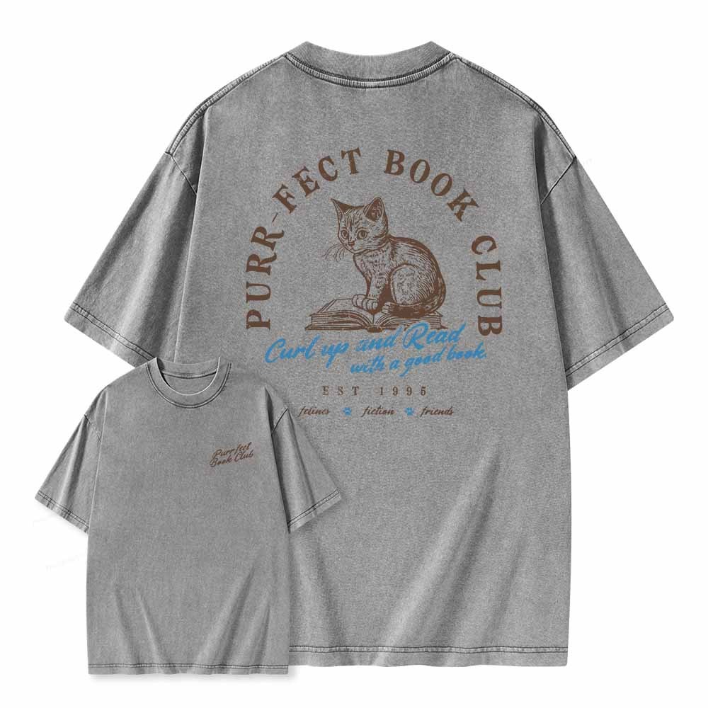 Pagewings  Book Club T-shirt For Cat Lovers Unisex Washed T-shirt