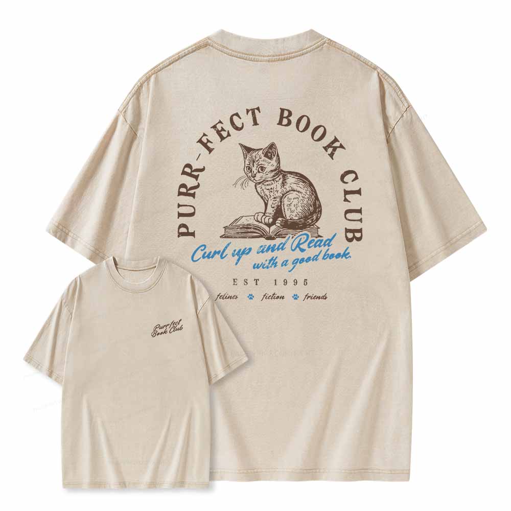 Pagewings  Book Club T-shirt For Cat Lovers Unisex Washed T-shirt